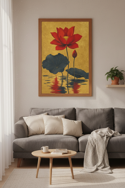 Red Lotus Flower Wall Art | Gold Zen Botanical Print, Luxury Living Room Decor