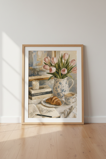 French Still Life Pink Tulips Wall Art | Chinoiserie Poster, Blue &amp; White Decor