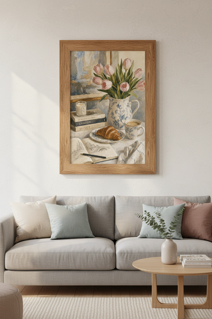 French Still Life Pink Tulips Wall Art | Chinoiserie Poster, Blue &amp; White Decor