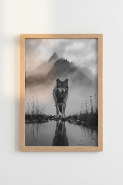 Wolf Mountain Art Print | Black and White Nature Poster | Rustic Cabin Decor