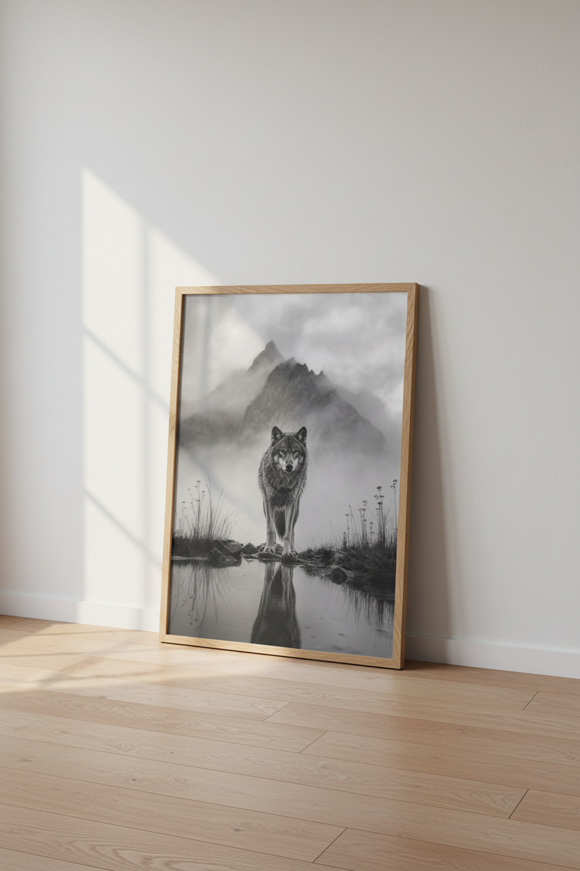 Wolf Mountain Art Print | Black and White Nature Poster | Rustic Cabin Decor
