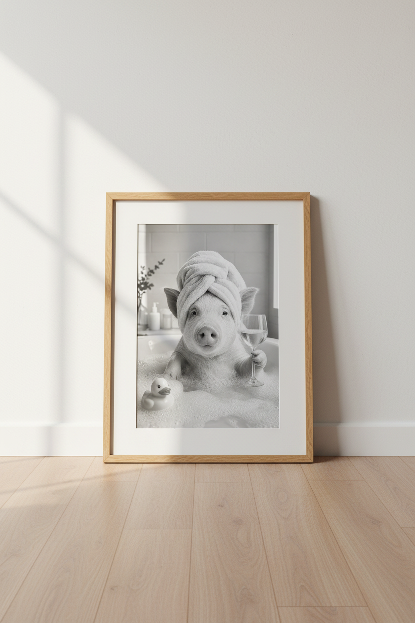 Pig in Bathtub Wall Art | Funny Animal Bathroom Decor | Black and White Poster