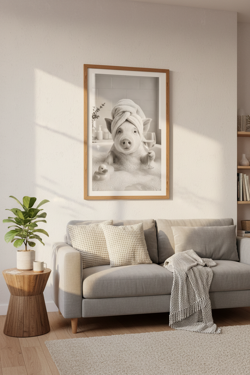 Pig in Bathtub Wall Art | Funny Animal Bathroom Decor | Black and White Poster