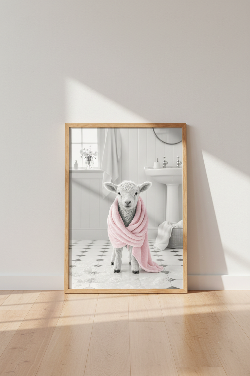 Baby Lamb in Towel Wall Art Print | Bathroom Decor | Cute Farmhouse Poster
