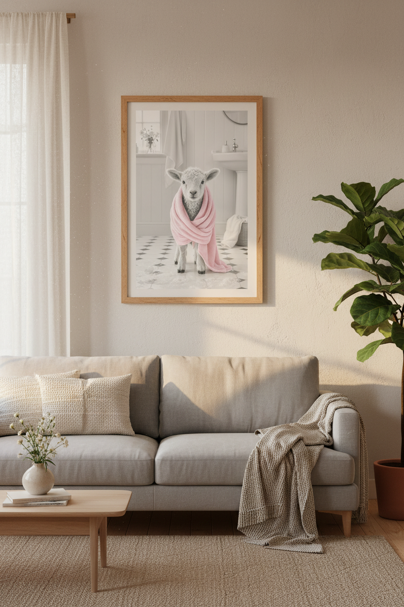 Baby Lamb in Towel Wall Art Print | Bathroom Decor | Cute Farmhouse Poster