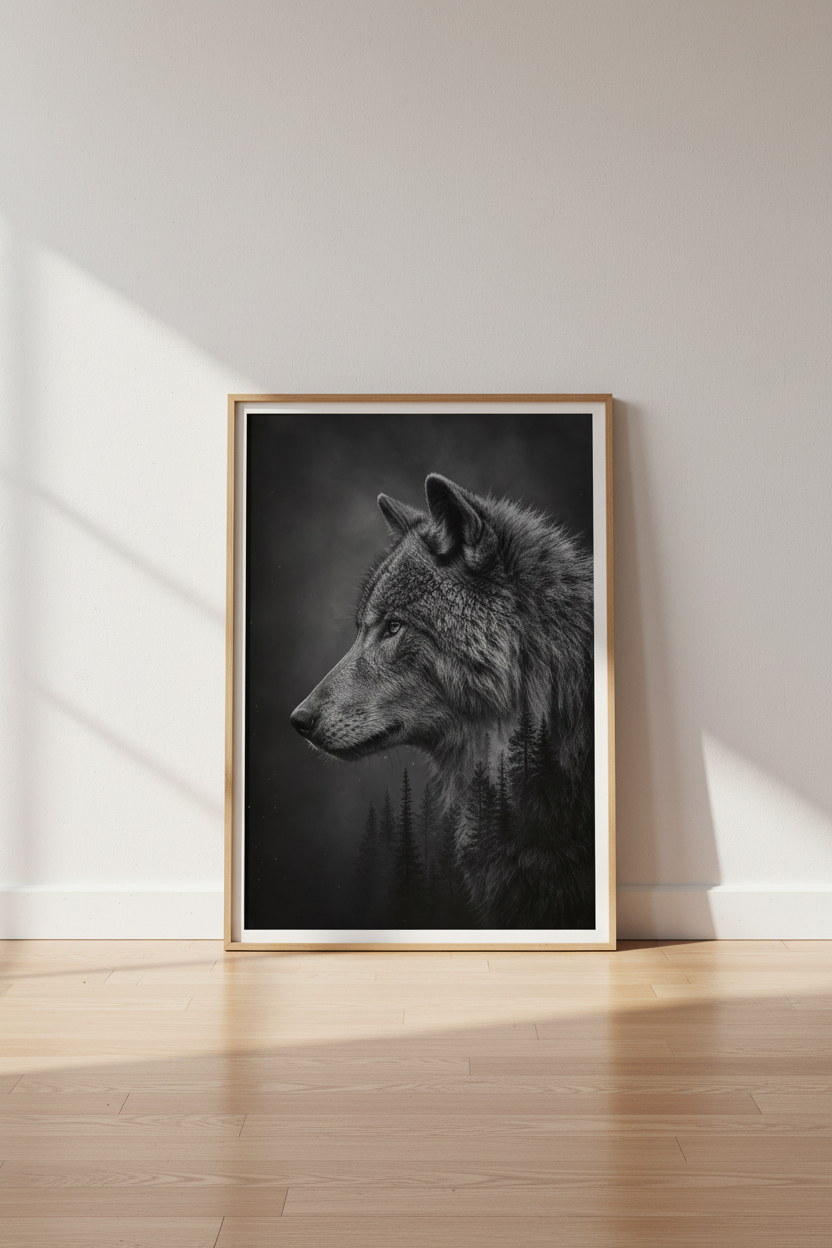 Wolf Forest Wall Art Print | Black and White Nature Poster, Masculine Decor