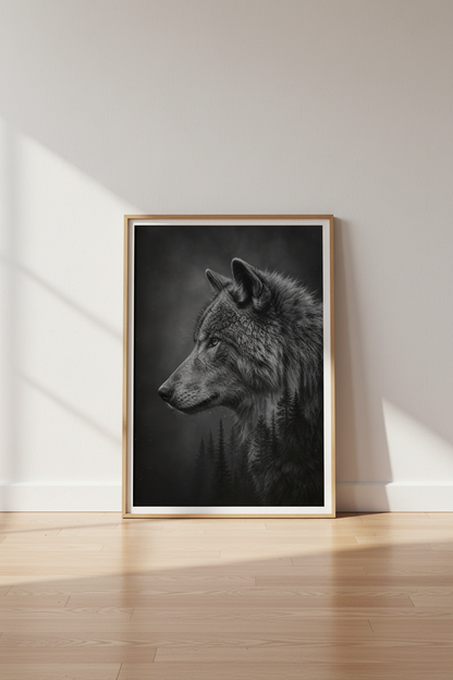 Wolf Forest Wall Art Print | Black and White Nature Poster, Masculine Decor