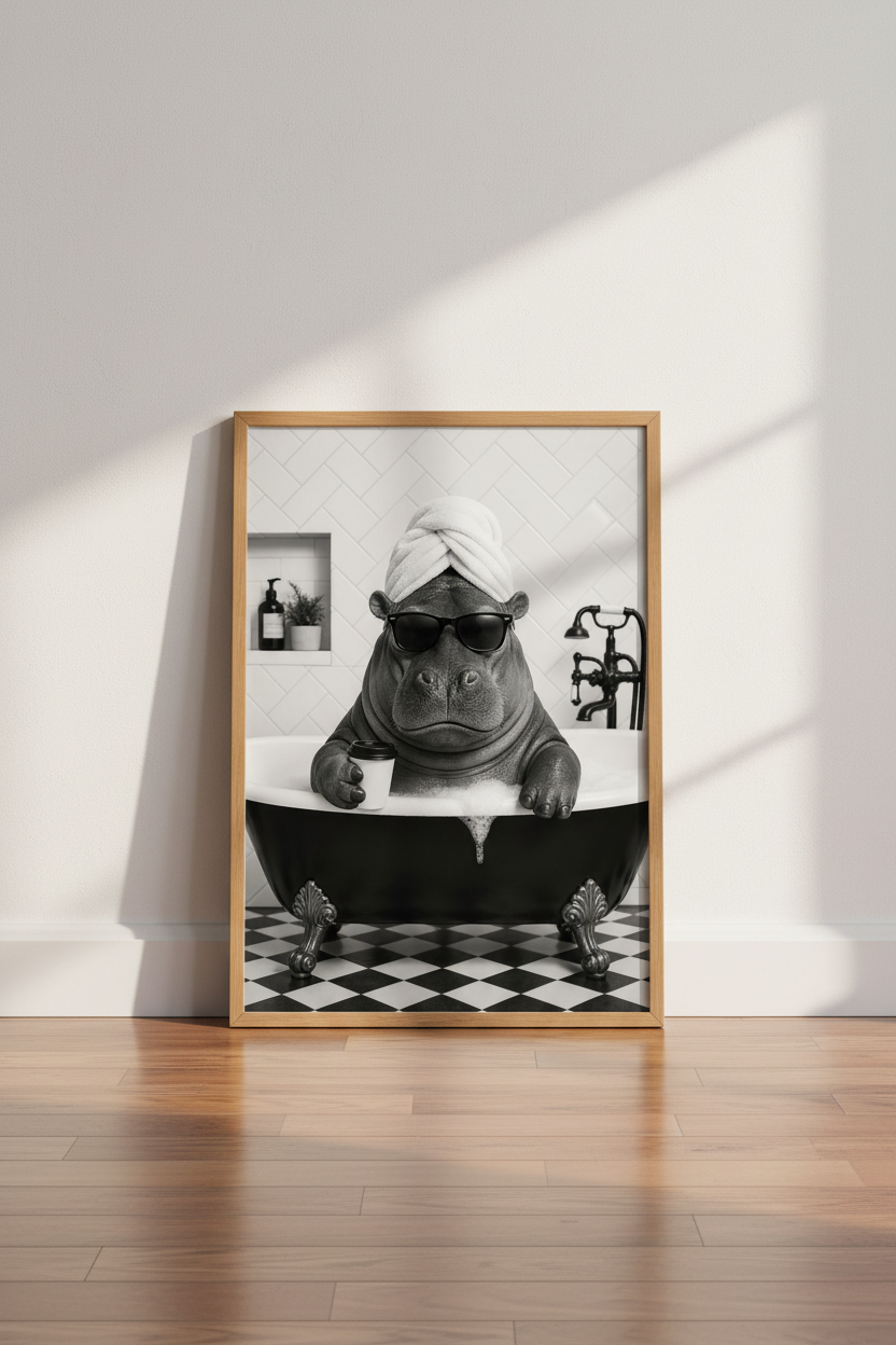Hippo in Bathtub Wall Art Print | Funny Bathroom Decor | Black and White Poster
