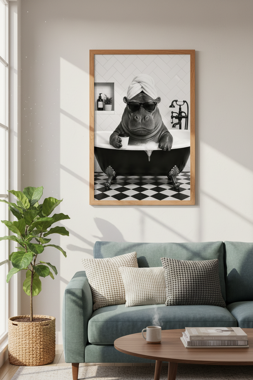 Hippo in Bathtub Wall Art Print | Funny Bathroom Decor | Black and White Poster
