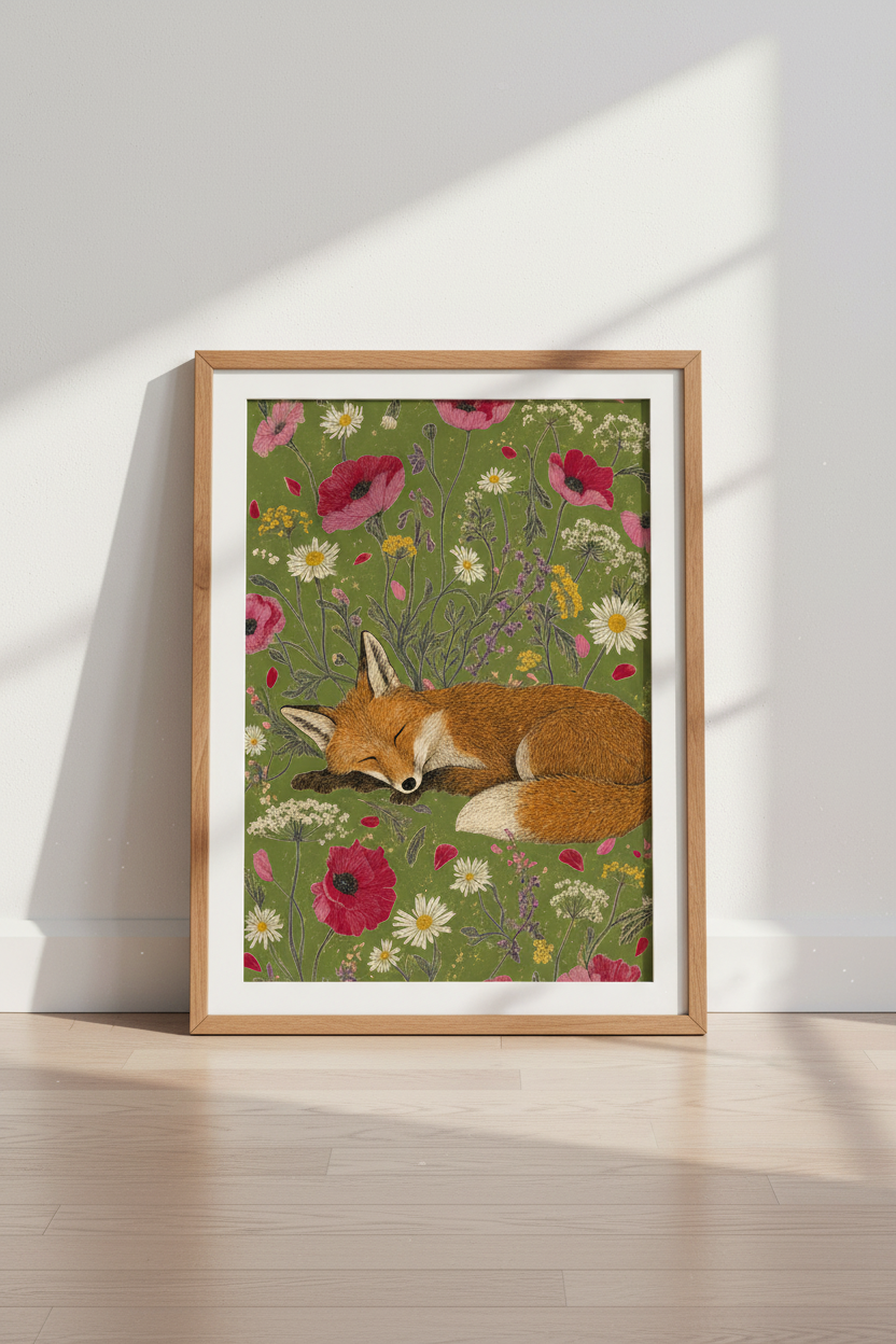 Sleeping Fox Floral Wall Art Print | Woodland Nursery Decor | Cottagecore Poster