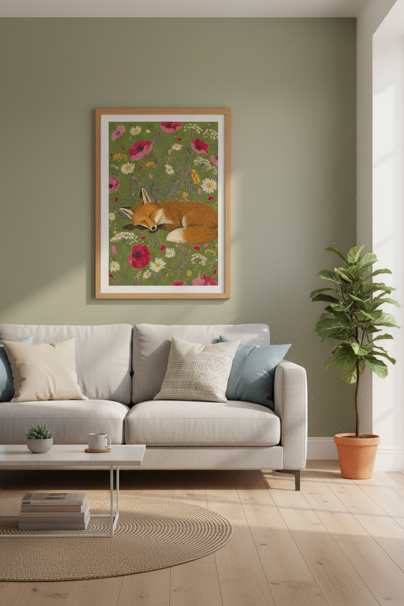 Sleeping Fox Floral Wall Art Print | Woodland Nursery Decor | Cottagecore Poster