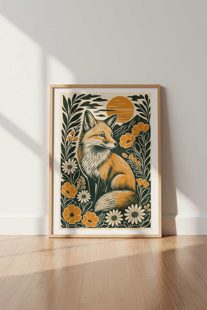 Fox Woodcut Wall Art | Rustic Botanical Forest Poster, Modern Boho Decor