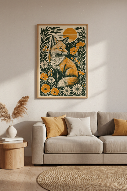 Fox Woodcut Wall Art | Rustic Botanical Forest Poster, Modern Boho Decor