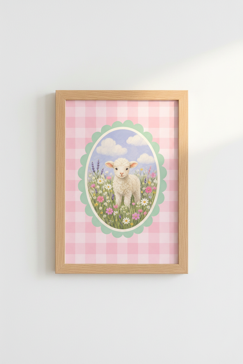 Coquette Lamb Wall Art Print | Pink Gingham Nursery Decor | Cottagecore Poster