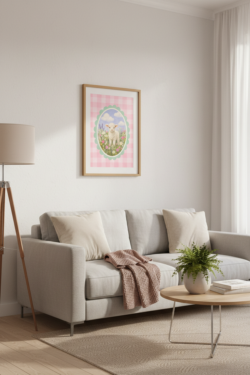 Coquette Lamb Wall Art Print | Pink Gingham Nursery Decor | Cottagecore Poster