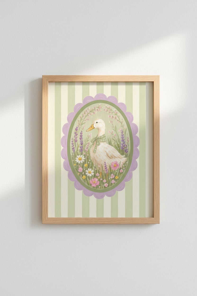 Cottagecore Duck Wall Art | Pastel Floral Nursery Decor | Vintage Animal Poster