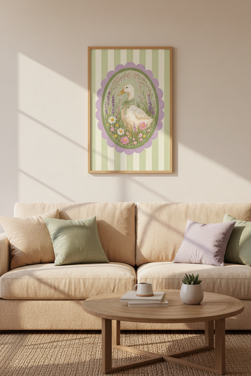 Cottagecore Duck Wall Art | Pastel Floral Nursery Decor | Vintage Animal Poster