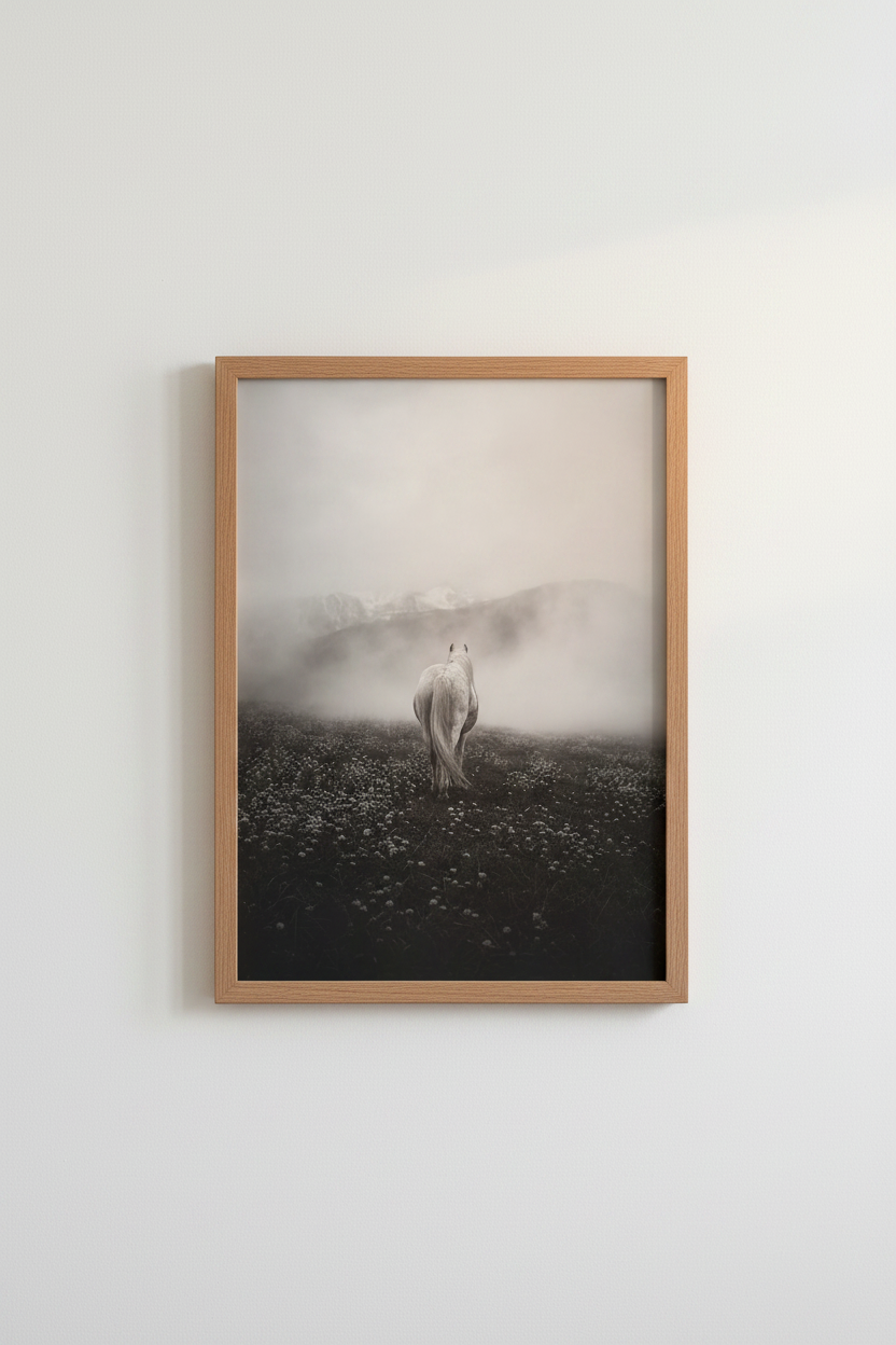Moody Horse Wall Art | Black and White Mist Mountain Poster, Rustic Farmhouse Decor