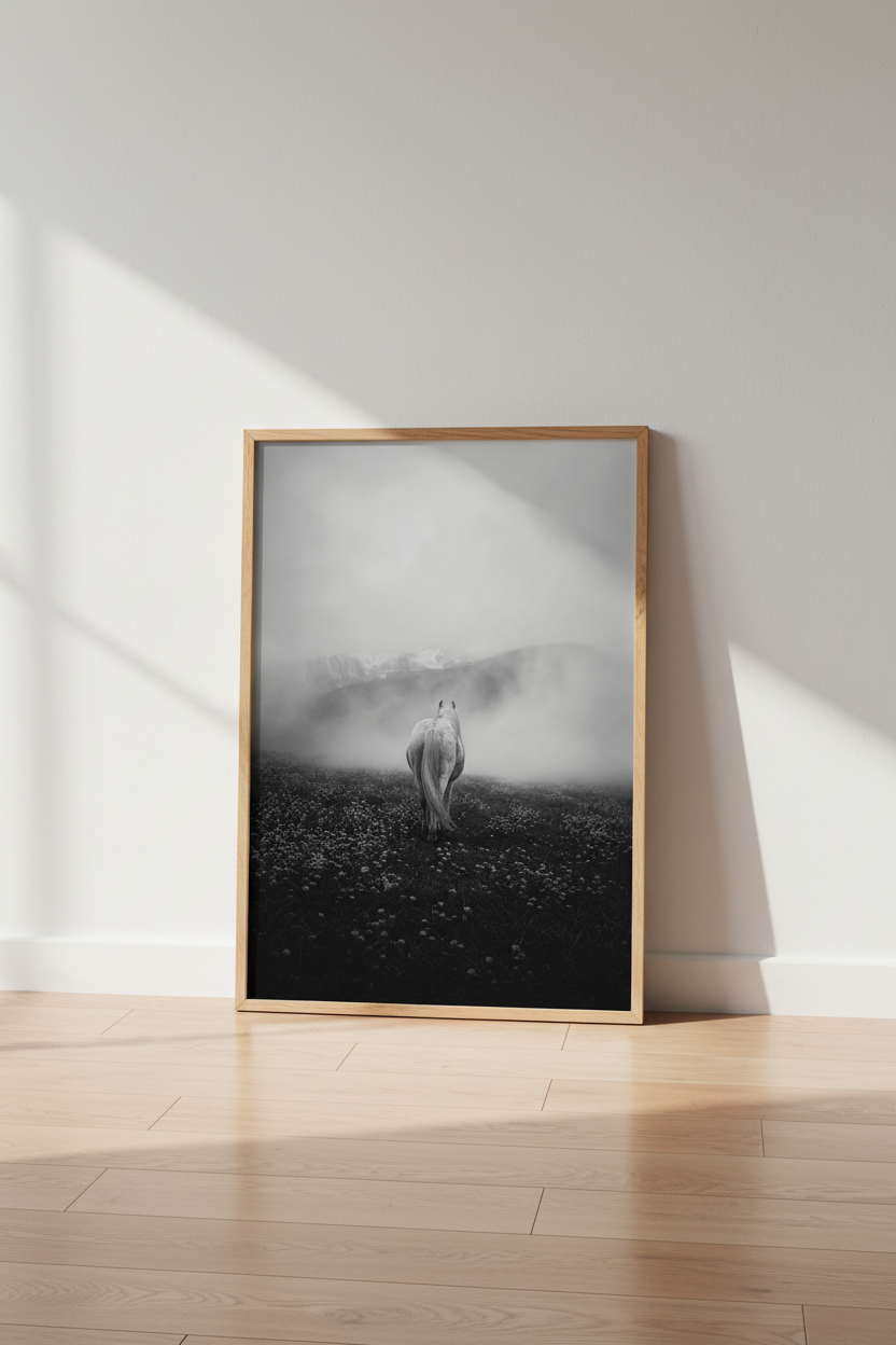 Moody Horse Wall Art | Black and White Mist Mountain Poster, Rustic Farmhouse Decor