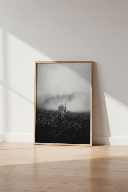Moody Horse Wall Art | Black and White Mist Mountain Poster, Rustic Farmhouse Decor