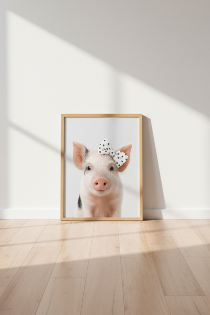 Baby Pig with Bow Wall Art | Farmhouse Nursery Decor | Cute Animal Poster