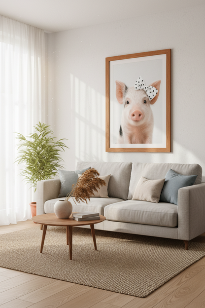 Baby Pig with Bow Wall Art | Farmhouse Nursery Decor | Cute Animal Poster