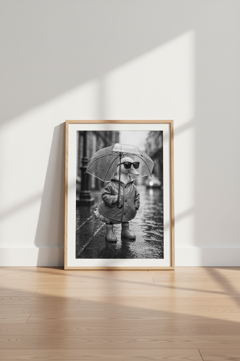 Duck in Raincoat Wall Art | Black and White Funny Animal Poster | Modern Nursery Decor