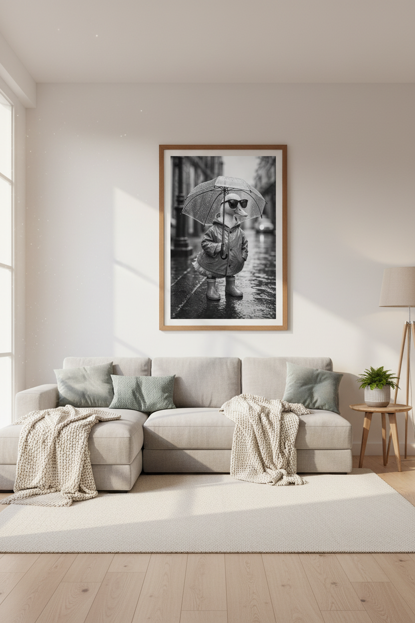 Duck in Raincoat Wall Art | Black and White Funny Animal Poster | Modern Nursery Decor