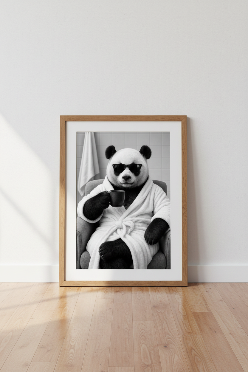 Cool Panda in Bathrobe Wall Art | Black and White Funny Animal Poster | Bathroom Decor