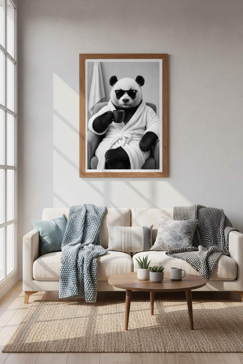 Cool Panda in Bathrobe Wall Art | Black and White Funny Animal Poster | Bathroom Decor