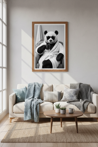 Cool Panda in Bathrobe Wall Art | Black and White Funny Animal Poster | Bathroom Decor