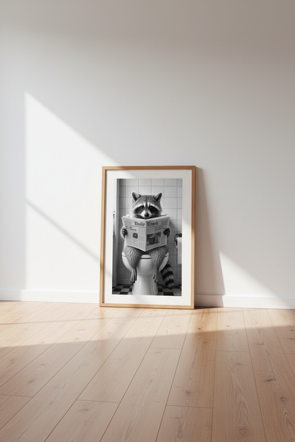 Raccoon on Toilet Wall Art Print | Funny Bathroom Decor | Black and White Poster