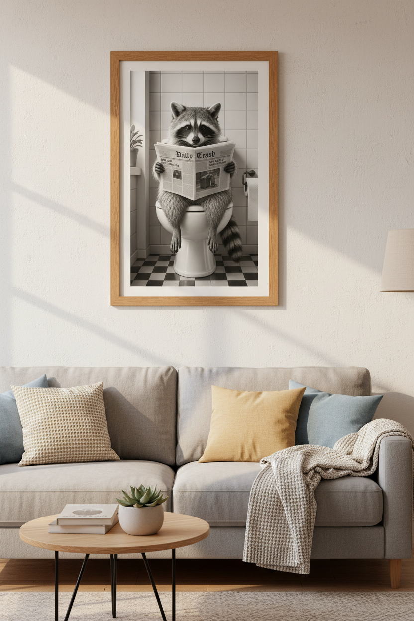 Raccoon on Toilet Wall Art Print | Funny Bathroom Decor | Black and White Poster