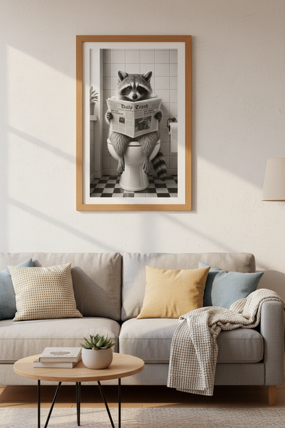 Raccoon on Toilet Wall Art Print | Funny Bathroom Decor | Black and White Poster