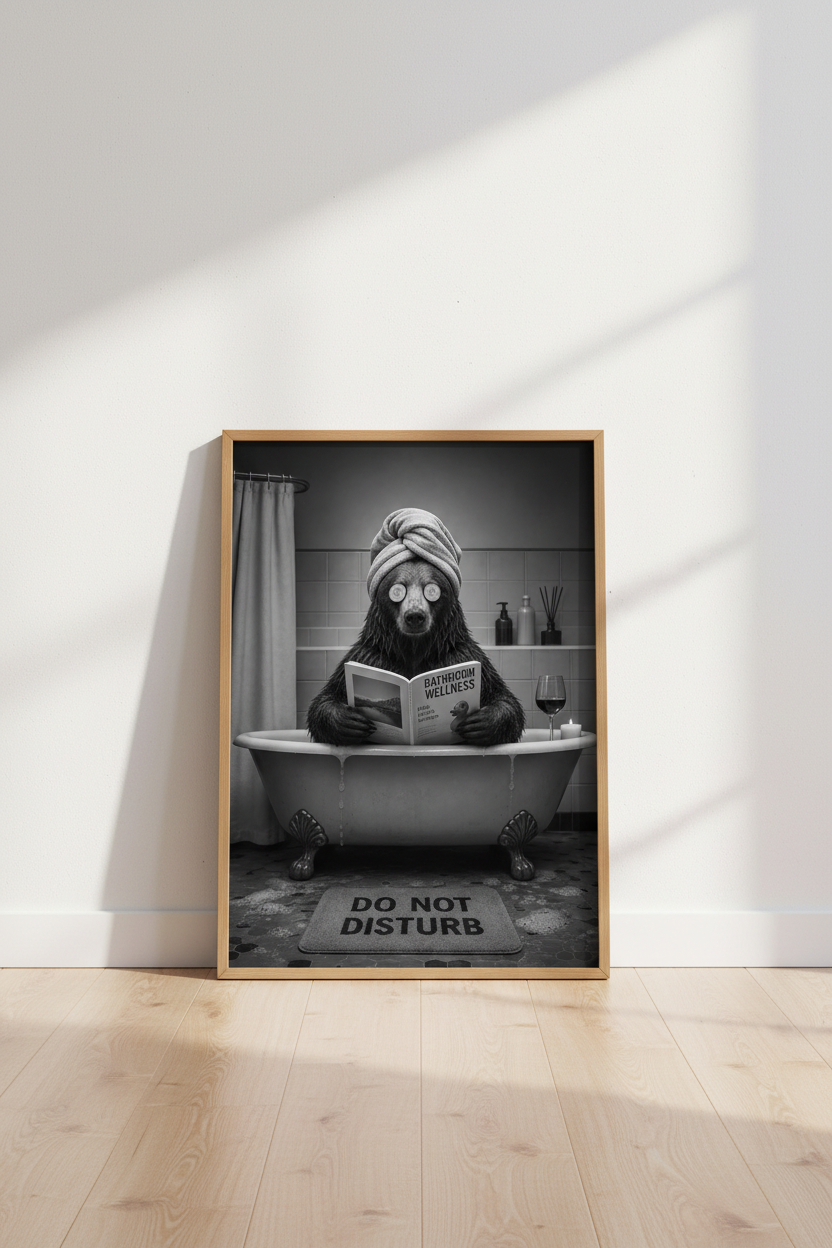 Bear in Bathtub Wall Art | Funny Bathroom Decor | Black and White Poster