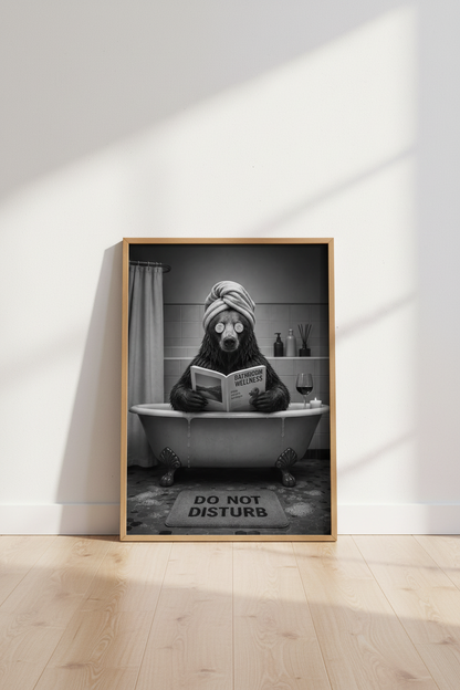 Bear in Bathtub Wall Art | Funny Bathroom Decor | Black and White Poster