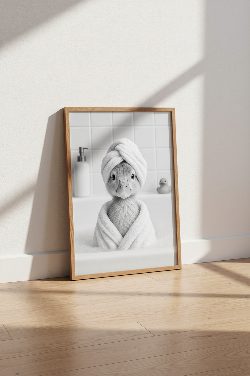 Duckling in a Towel Wall Art Print | Bathroom Decor | Funny Black and White Poster
