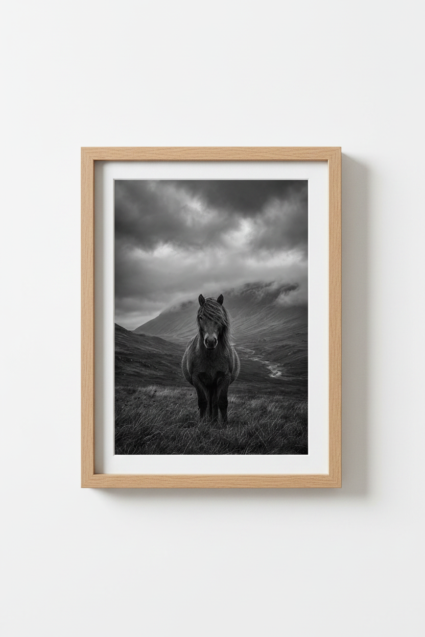Horse Wall Art Print | Black and White Moody Highland Poster, Rustic Decor