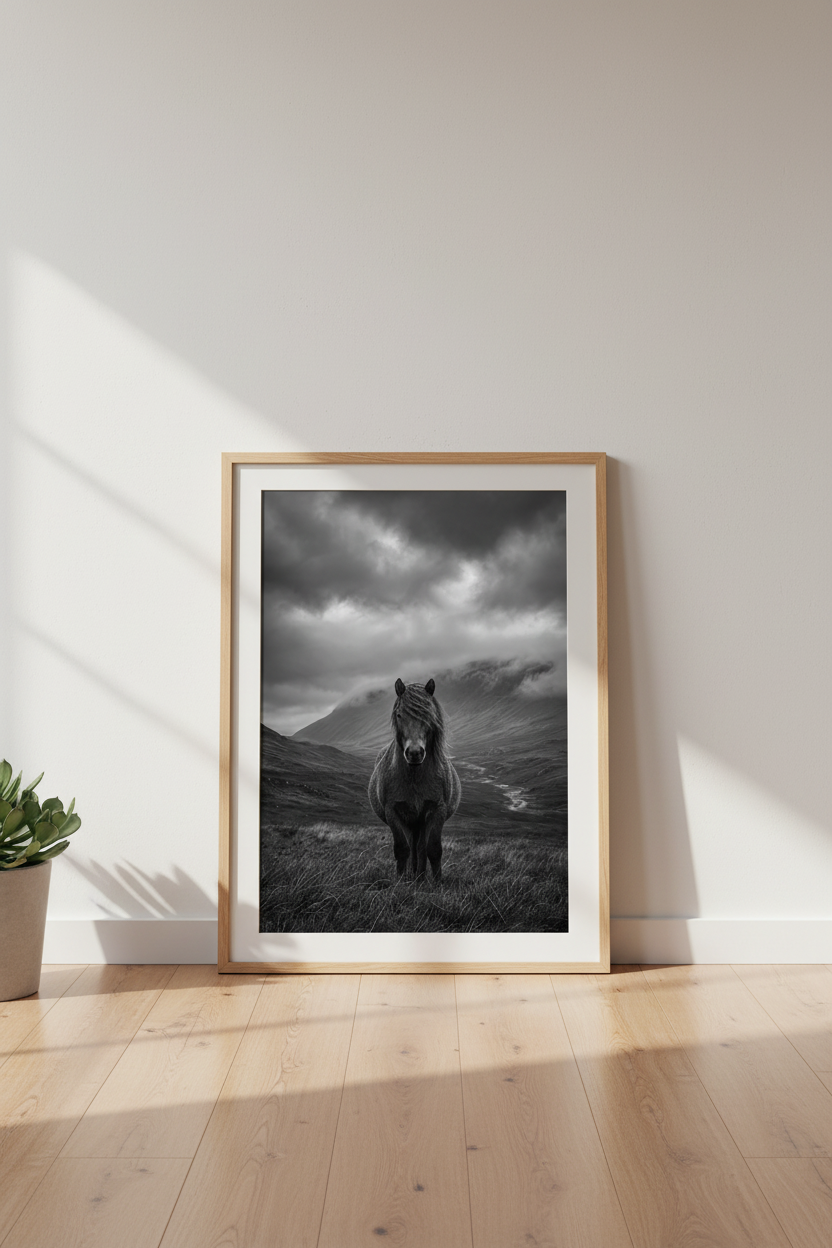 Horse Wall Art Print | Black and White Moody Highland Poster, Rustic Decor