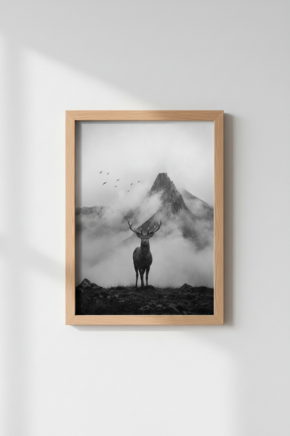 Nature Deer Wall Art Print | Black and White Mountain Poster, Cabin Decor