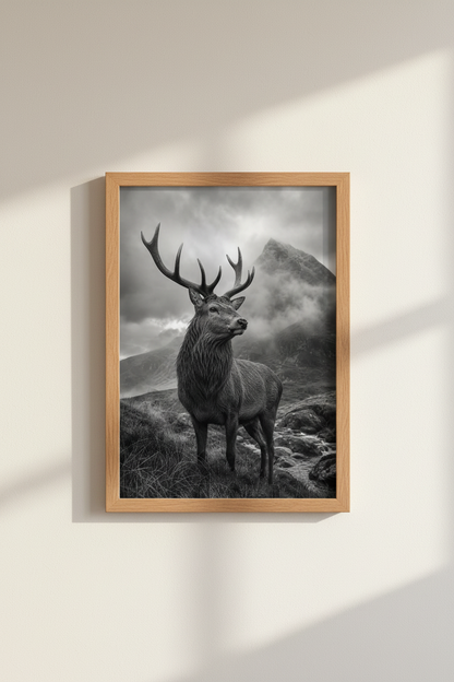 Stag Wildlife Print | Black and White Nature Photography, Rustic Cabin Wall Art