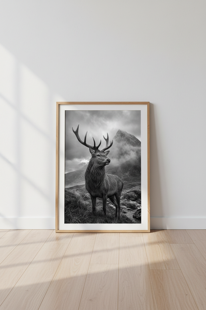 Stag Wildlife Print | Black and White Nature Photography, Rustic Cabin Wall Art