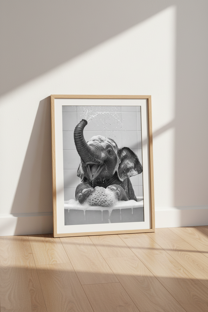 Baby Elephant Bath Time | Black and White Photography, Bathroom Nursery Wall Art