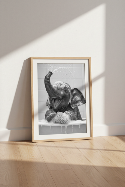 Baby Elephant Bath Time | Black and White Photography, Bathroom Nursery Wall Art