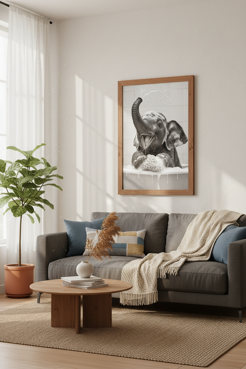 Baby Elephant Bath Time | Black and White Photography, Bathroom Nursery Wall Art