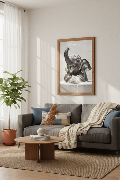 Baby Elephant Bath Time | Black and White Photography, Bathroom Nursery Wall Art