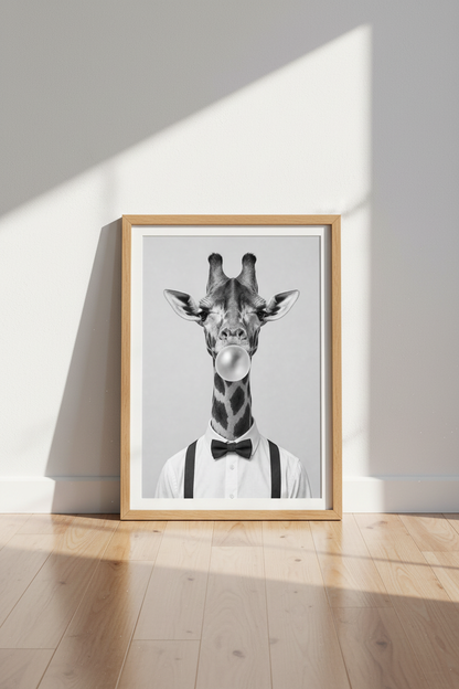 Giraffe Bubblegum Wall Art | Black and White Animal Print, Funny Nursery Decor