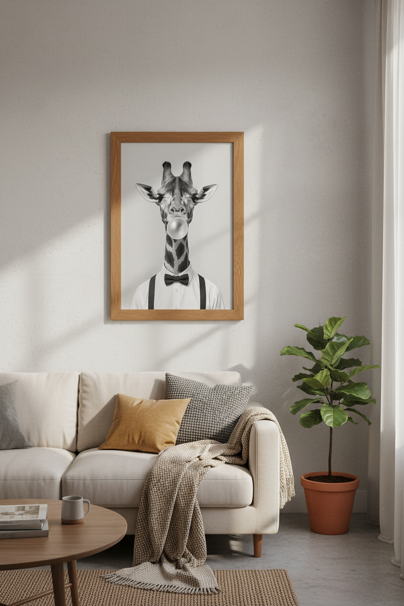 Giraffe Bubblegum Wall Art | Black and White Animal Print, Funny Nursery Decor