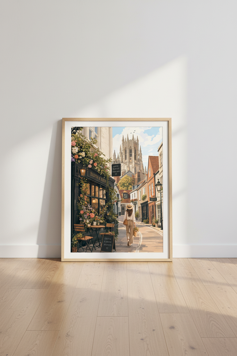 European Cafe Street Scene | Bloom &amp; Brew Floral Art, Living Room Poster
