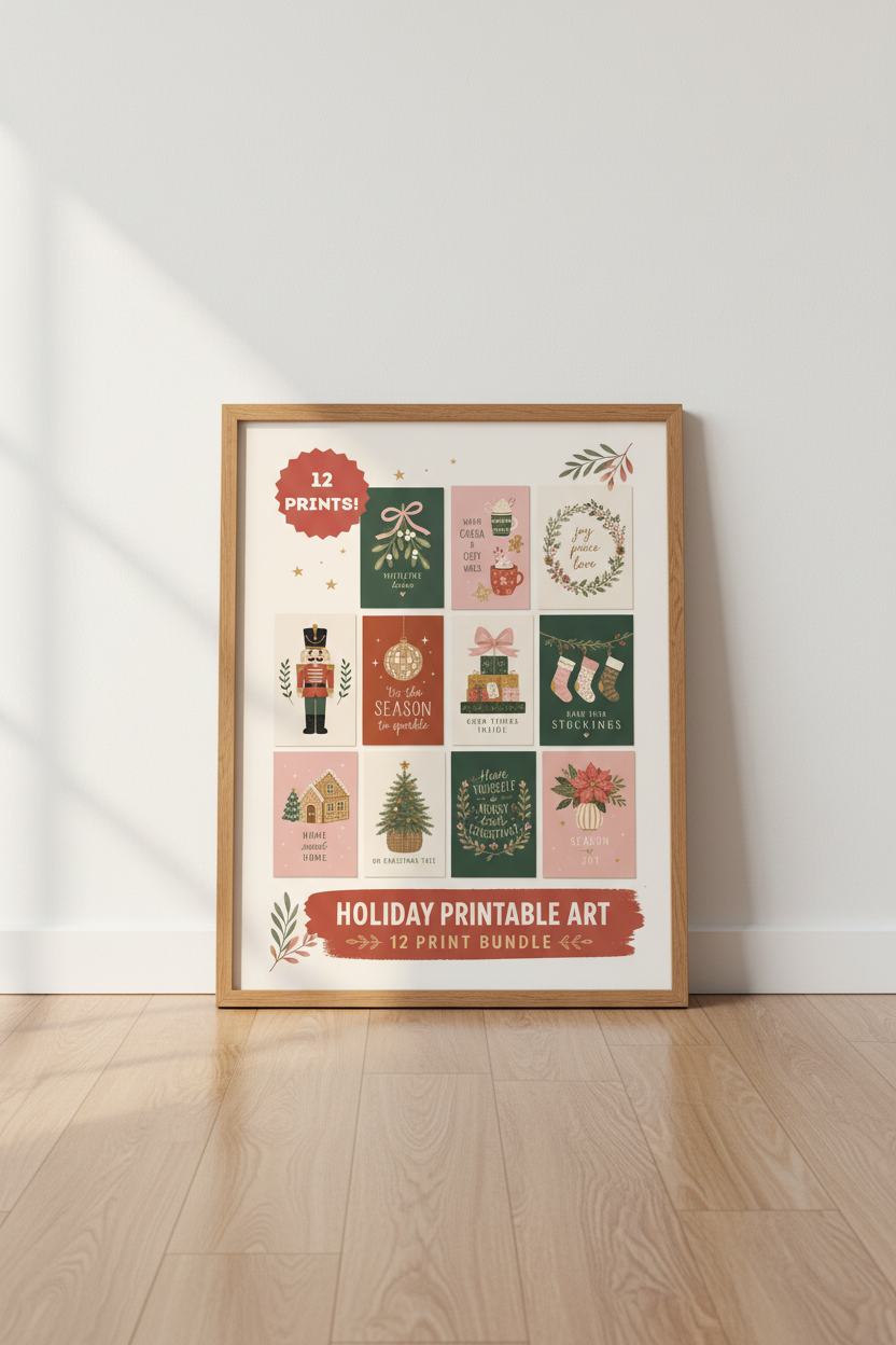 Christmas Holiday Wall Art Bundle | Festive Pink &amp; Green Prints | Cozy Winter Decor